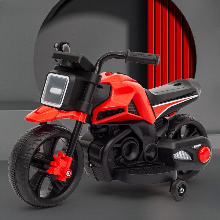 MOTOCICLETA ELECTRICA CU 2 ROTI MARI SI 2 ROTI AJUTATOARE,  ACUMULATOR INCARCARE, ANTI-RASTURNARE, LUMINI, MUZICA, MOTOR:380, BATERIE 6V4.5, 41.5X70X34 CM, 4.5 KG, 3 ANI+, ROSU NEGRU