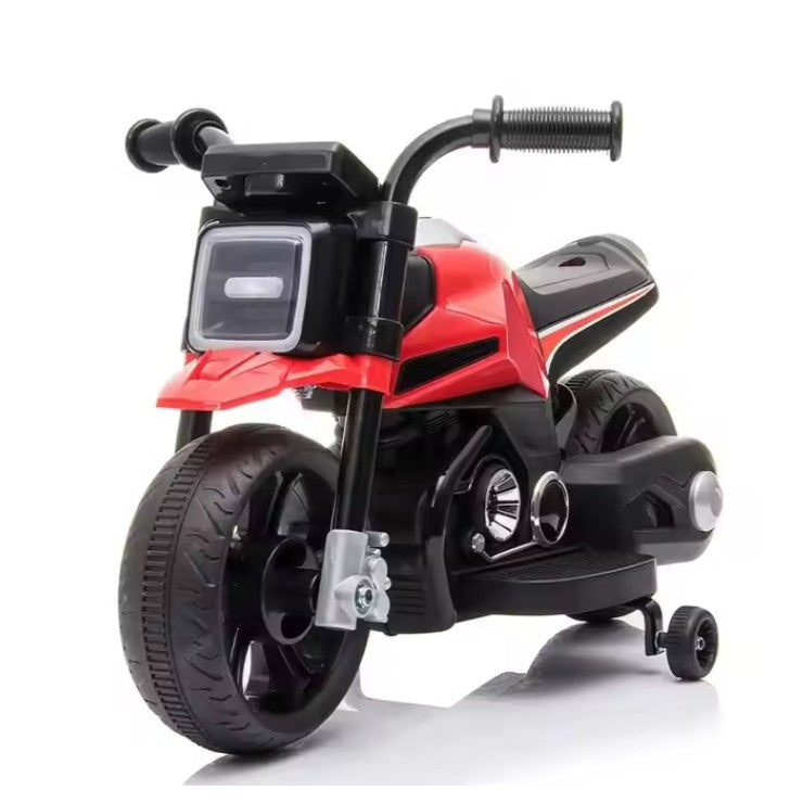 MOTOCICLETA ELECTRICA CU 2 ROTI MARI SI 2 ROTI AJUTATOARE,  ACUMULATOR INCARCARE, ANTI-RASTURNARE, LUMINI, MUZICA, MOTOR:380, BATERIE 6V4.5, 41.5X70X34 CM, 4.5 KG, 3 ANI+, ROSU NEGRU