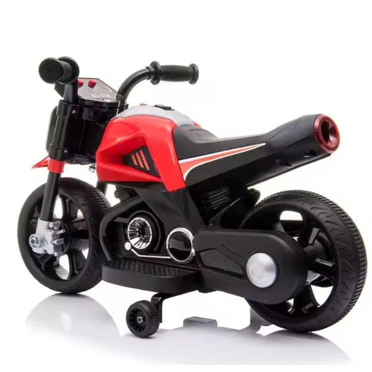 MOTOCICLETA ELECTRICA CU 2 ROTI MARI SI 2 ROTI AJUTATOARE,  ACUMULATOR INCARCARE, ANTI-RASTURNARE, LUMINI, MUZICA, MOTOR:380, BATERIE 6V4.5, 41.5X70X34 CM, 4.5 KG, 3 ANI+, ROSU NEGRU