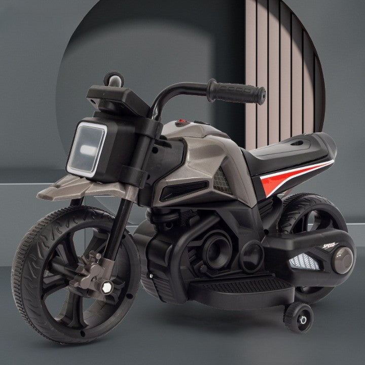 MOTOCICLETA ELECTRICA CU 2 ROTI MARI SI 2 ROTI AJUTATOARE,  ACUMULATOR INCARCARE, ANTI-RASTURNARE, LUMINI, MUZICA, MOTOR:380, BATERIE 6V4.5, 41.5X70X34 CM, 4.5 KG, 3 ANI+, ROSU NEGRU