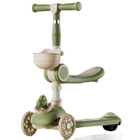 Trotineta Multifunctionala 3 in 1, pentru Copii, 1-7 Ani, cu Lumini si Muzica, Reglabil 360, Pliere Usoara, Reglarea Inaltimii, Model Dinozaur, Bej/Verde