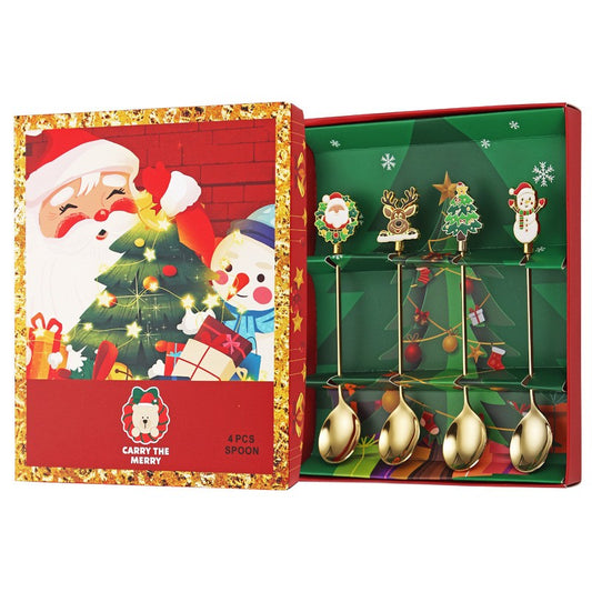 Set 4 Lingurite, Tematică Crăciun, Model „Carry the Merry”, din Oțel Inoxidabil, 4 Modele Asortate, Cutie Cadou