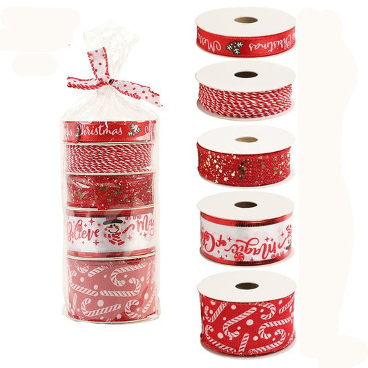 Panglica Decorativa cu Tematica de Craciun, &nbsp;Set din 4 bucat + 1 Rulon Ata Rosie Alba