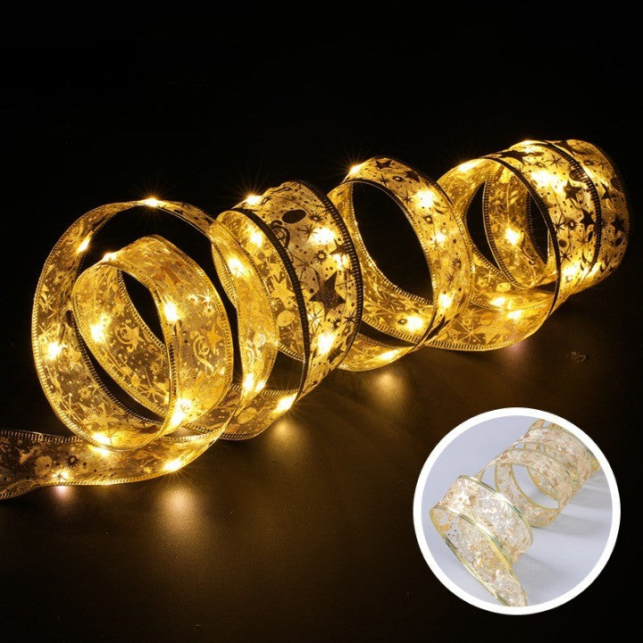 Panglică LED de Crăciun Aurie, lungime 1 m , 10 LED-uri, Baterii, Alb cald