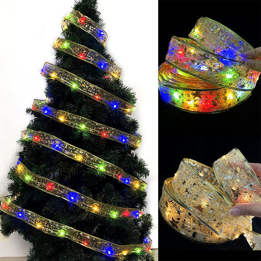 Panglică LED de Crăciun Aurie, lungime 1 m, 10 LED-uri, Baterii, Multicolor.