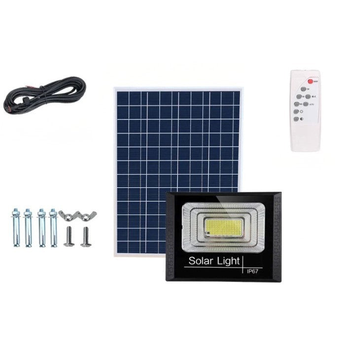 Proiector 100 LED SMD - 30W cu încărcare solară, senzor lumina, timer,telecomanda si kit montaj inclus, 15X12 cm, IP67