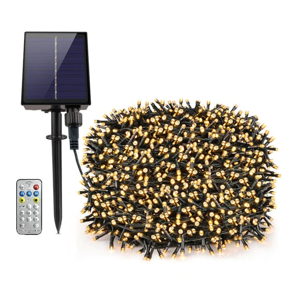 Instalație de Crăciun Solara, 8 metri, 50LED-uri, 8 jocuri de lumini, Telecomanda,Lumina Alb Cald