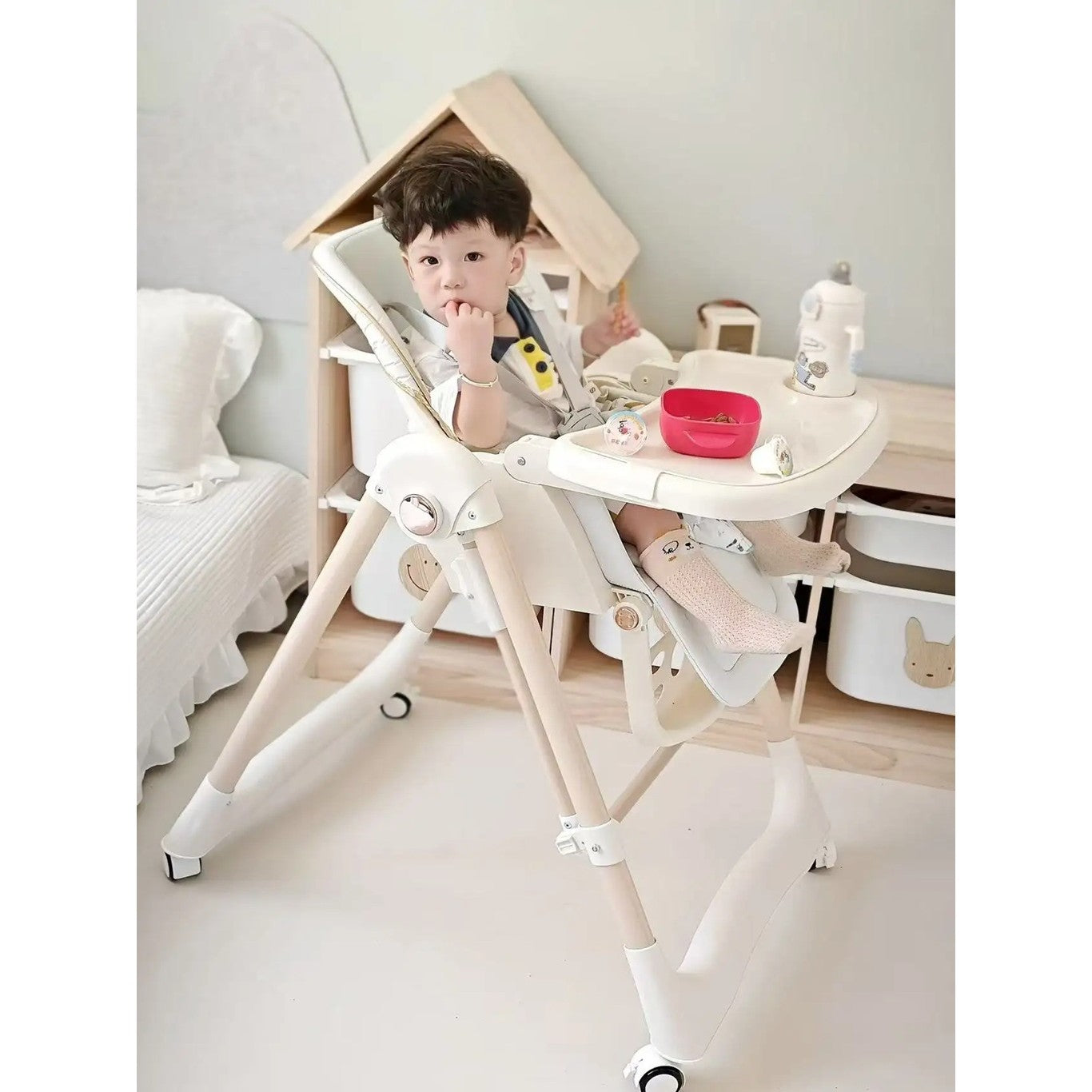 Scaun de Masă 2în1 cu Funcție de Legănare, pentru Copii 6 Luni – 4 Ani, Reglabil, Pliabil, cu Roti, Tăviță Dublă, Centură 5 Puncte, 96 x 56 x 76 cm