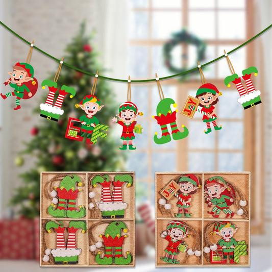 Set 12 Decorațiuni de Crăciun din Lemn cu Snur pentru Agatare în Brad - Model Căciulițe si Pantaloni