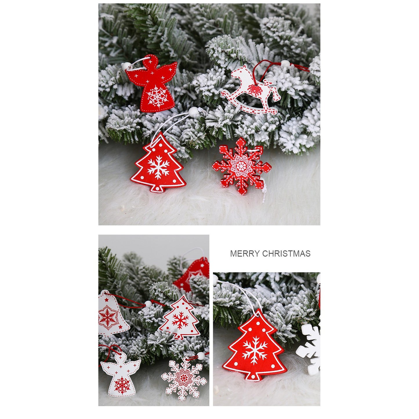 Set 12 Decorațiuni de Crăciun din Lemn cu Snur pentru Agatare în Brad - Model Reni si Fulgi de Nea
