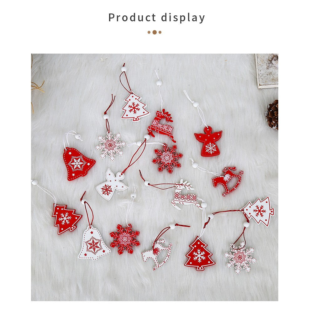 Set 12 Decorațiuni de Crăciun din Lemn cu Snur pentru Agatare în Brad - Model Reni si Fulgi de Nea