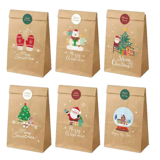 Set 12 Pungi de Cadou, Tematica Crăciun, 12 Stickere Incluse, 22 x 12 x 8 cm, din Hârtie, Maro