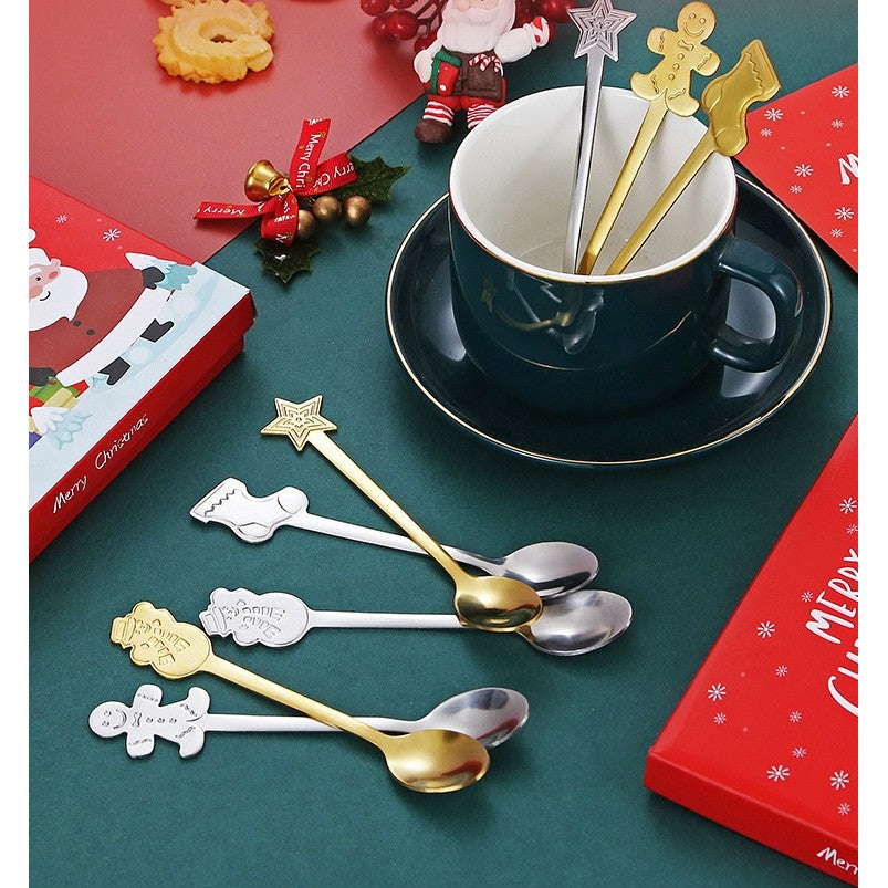 Set 4 Lingurițe, Tematică Crăciun, Modele Festive, Cutie Cadou, Auriu