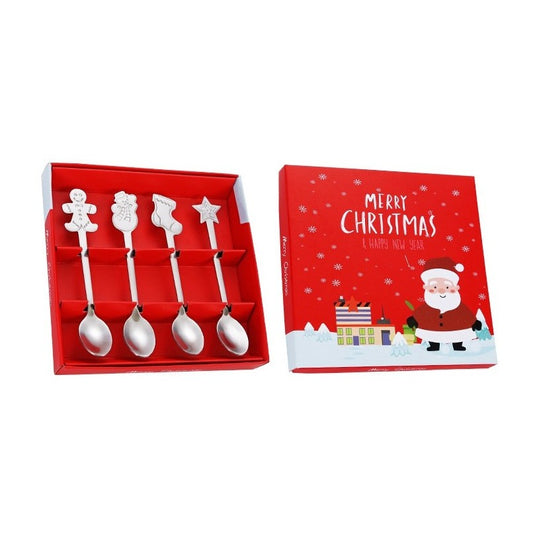 Set 4 Lingurițe, Tematică Crăciun, Modele Festive, Cutie Cadou, Argintiu
