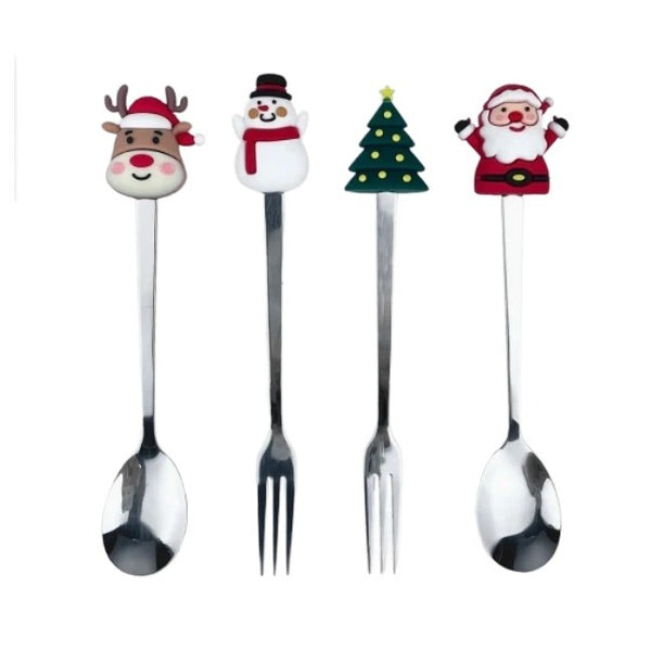 Set 4 Tacâmuri, cu Figurine de Crăciun, din Oțel Inoxidabil, 2 Furculițe, 2 Linguri, Cutie Festivă, 13.5 cm, Roșu
