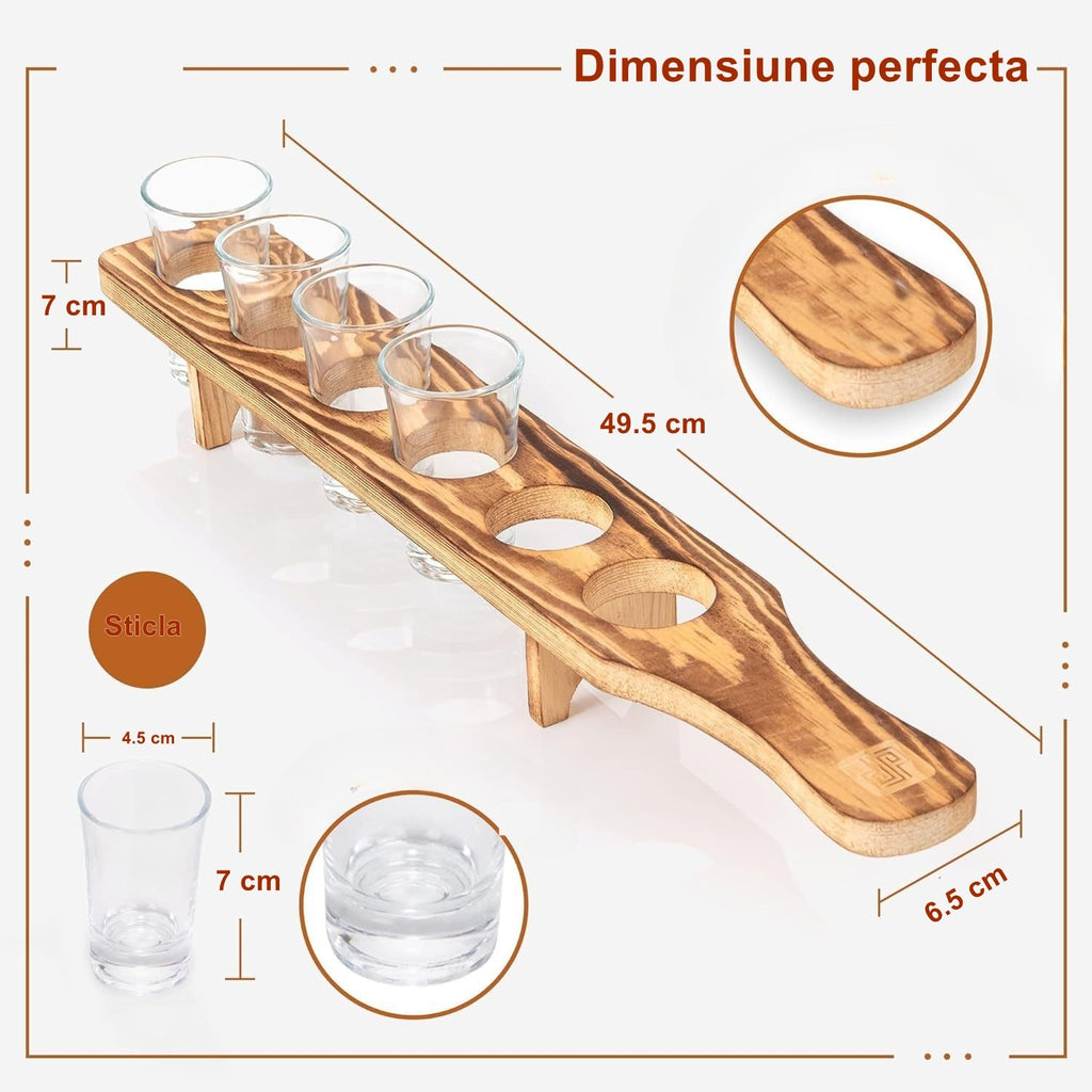Set 6 pahare de Shot din sticla, cu suport de lemn, Design rustic 49.5x7x6.5 Maro
