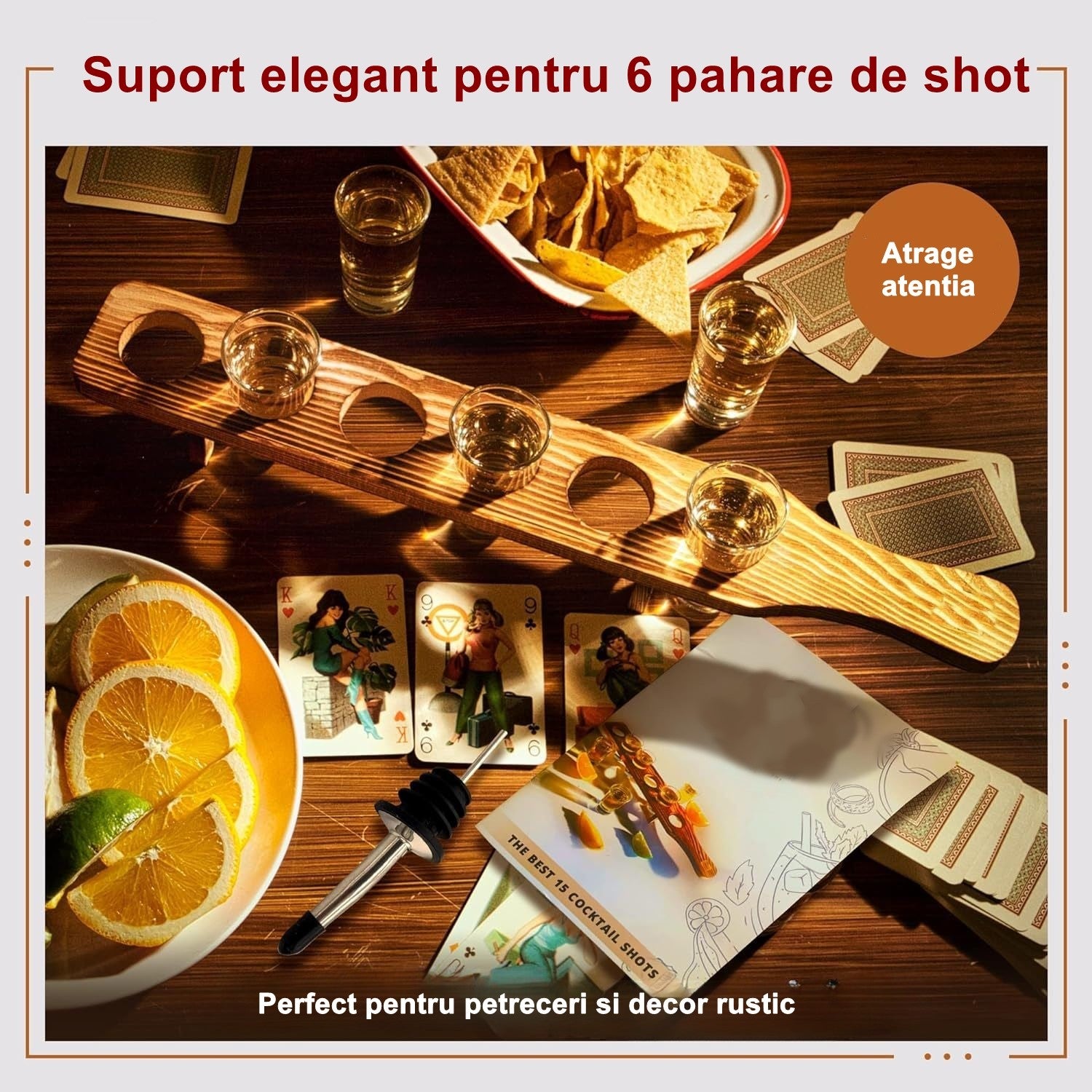 Set 6 pahare de Shot din sticla, cu suport de lemn, Design rustic 49.5x7x6.5 Maro