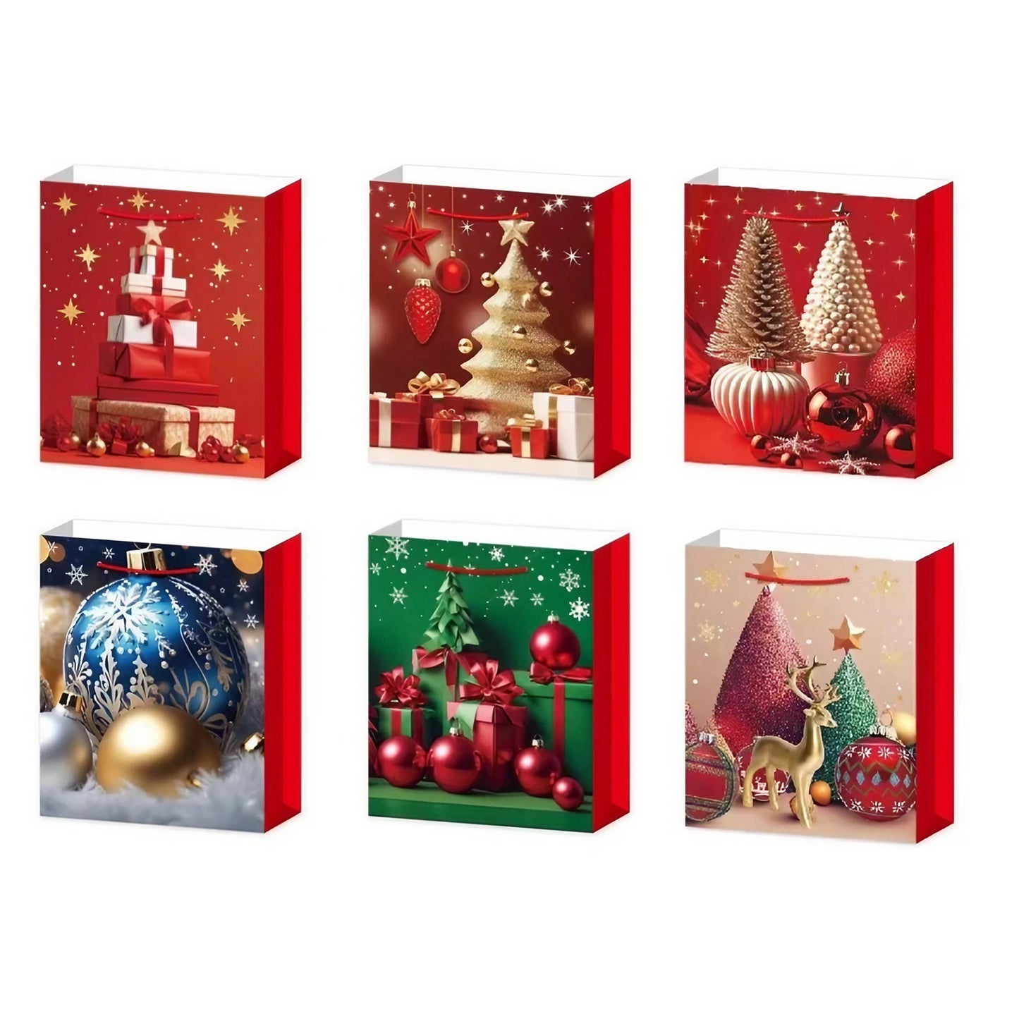 Set 6 pungi cadou, Imprimeu tematica Brad de Crăciun, 18.5x22.5x8.5cm