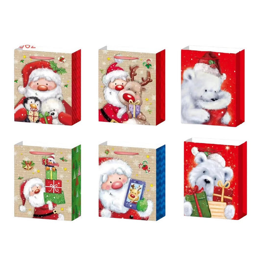 Set 6 pungi cadou, Imprimeu tematica Brad de Crăciun, 18.5x22.5x8.5cm
