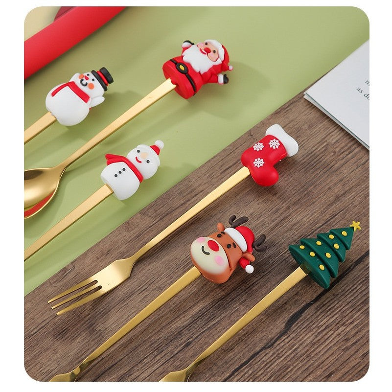 Set 6 Tacâmuri – Tematică Crăciun | 3 Linguri + 3 Furculițe cu Figurine | Oțel Inoxidabil 410 |- Auriu