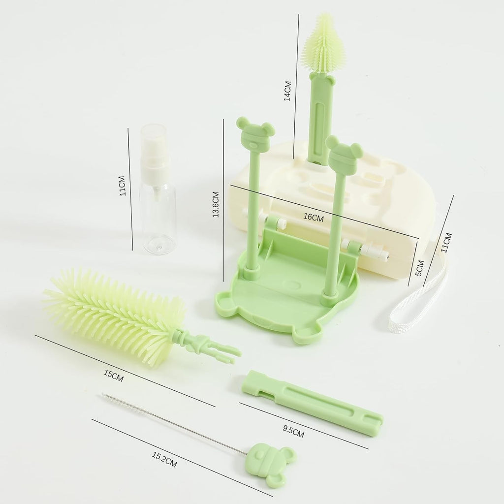 Set 7 Piese de Spălat/Uscat Biberoane, Portabil, Peri din Silicon, pentru Tetine, Suzete, Biberoane și Paie, Cutie Inclusă, 16 x 11 x 5 cm, Model Ursuleț-VERDE