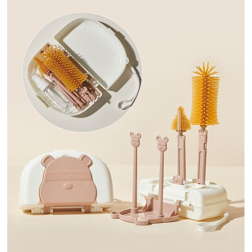 Set 7 Piese de Spălat/Uscat Biberoane, Portabil, Peri din Silicon, pentru Tetine, Suzete, Biberoane și Paie, Cutie Inclusă, 16 x 11 x 5 cm, Model Ursuleț-Maro