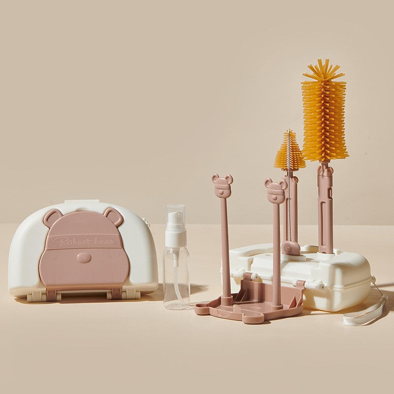 Set 7 Piese de Spălat/Uscat Biberoane, Portabil, Peri din Silicon, pentru Tetine, Suzete, Biberoane și Paie, Cutie Inclusă, 16 x 11 x 5 cm, Model Ursuleț-Maro
