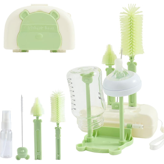 Set 7 Piese de Spălat/Uscat Biberoane, Portabil, Peri din Silicon, pentru Tetine, Suzete, Biberoane și Paie, Cutie Inclusă, 16 x 11 x 5 cm, Model Ursuleț-VERDE