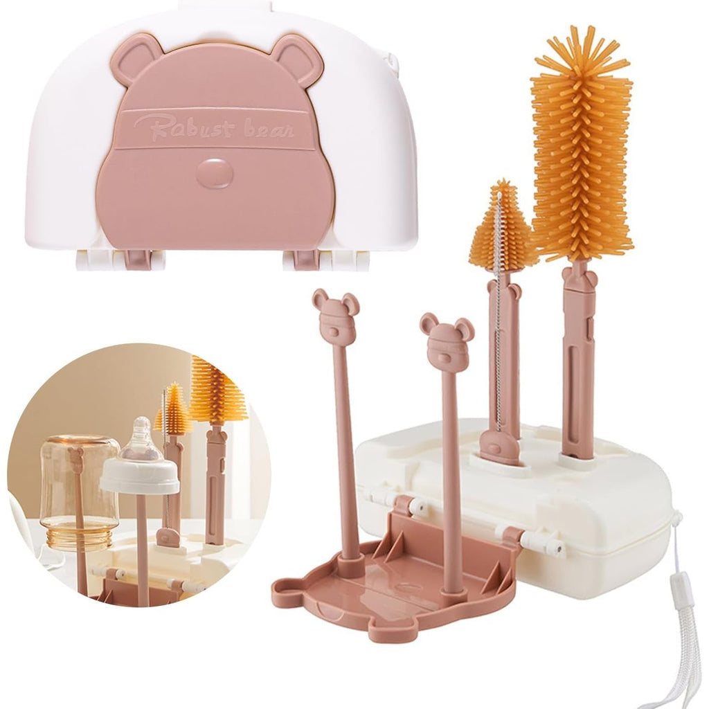 Set 7 Piese de Spălat/Uscat Biberoane, Portabil, Peri din Silicon, pentru Tetine, Suzete, Biberoane și Paie, Cutie Inclusă, 16 x 11 x 5 cm, Model Ursuleț-Maro