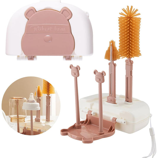 Set 7 Piese de Spălat/Uscat Biberoane, Portabil, Peri din Silicon, pentru Tetine, Suzete, Biberoane și Paie, Cutie Inclusă, 16 x 11 x 5 cm, Model Ursuleț-Maro