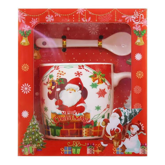 Set Cana Ceramica cu Linguriță, 200 ml, Moș Crăciun cu sac de cadouri