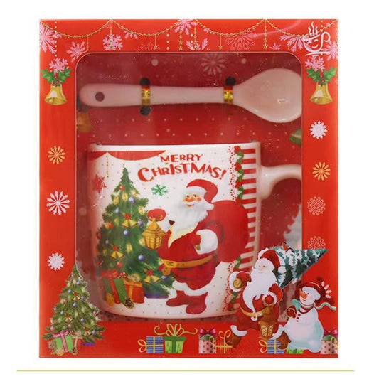Set Cana Ceramica cu Linguriță, 200ml, Tematica Moș Crăciun cu Brad