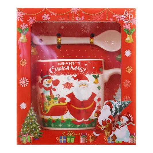 Set Cana Ceramica cu Linguriță, 200ml, Tematica Moș Crăciun cu Sanie