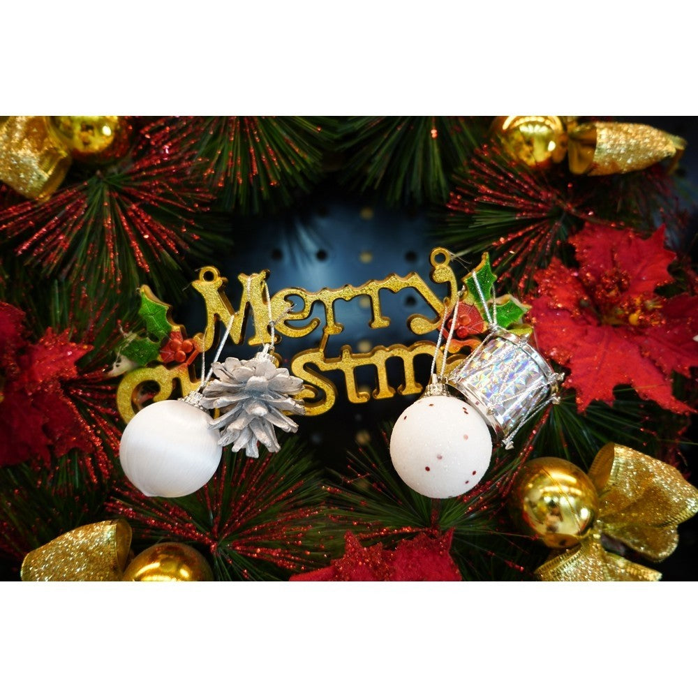 Set 12 ornamente pentru brad tip glob, Alb-Argintiu