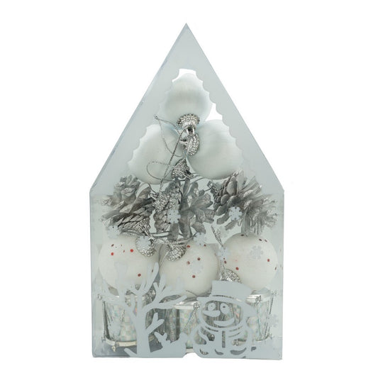 Set 12 ornamente pentru brad tip glob, Alb-Argintiu