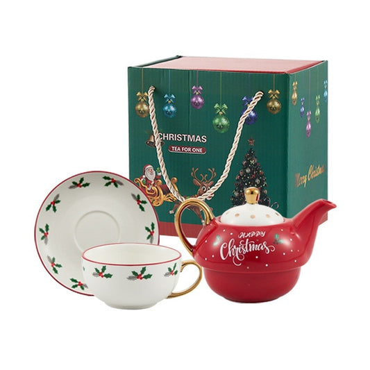 Set de Ceai, Temă Crăciun, Ceainic 420 ml, Cană 310 ml, Farfurie, din Porțelan, Model Happy Christmas