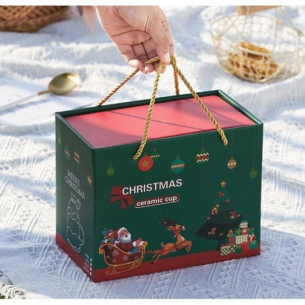 Set de Ceai, Temă Crăciun, Ceainic 420 ml, Cană 310 ml, Farfurie, din Porțelan, Model Mos Craciun, Alb