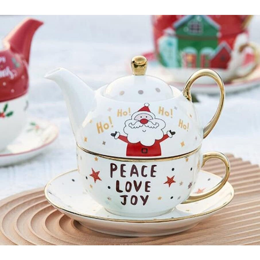 Set de Ceai, Temă Crăciun, Ceainic 420 ml, Cană 310 ml, Farfurie, din Porțelan, Model Mos Craciun, Alb