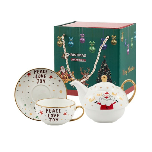 Set de Ceai, Temă Crăciun, Ceainic 420 ml, Cană 310 ml, Farfurie, din Porțelan, Model Mos Craciun, Alb