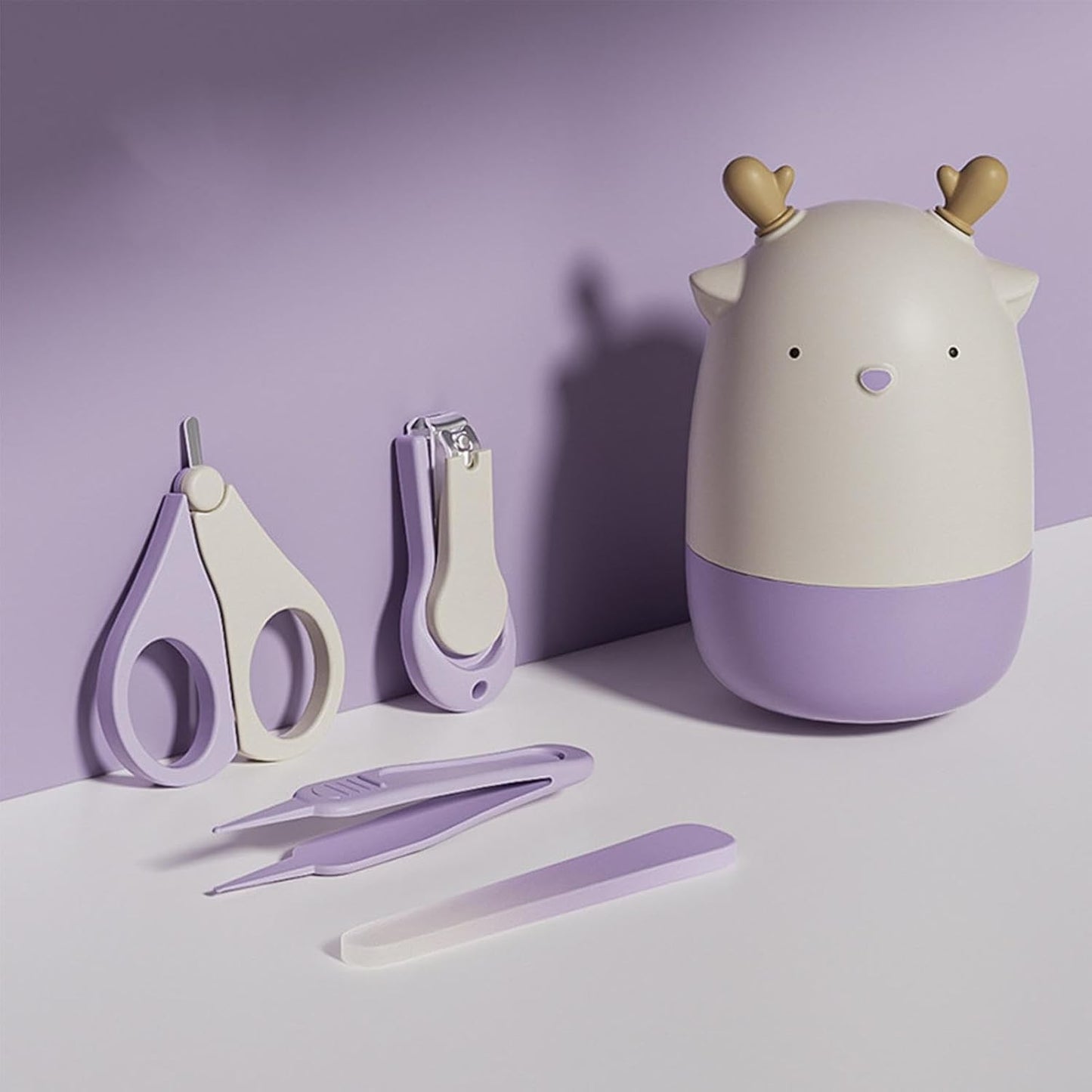 Set 4 în 1 de Îngrijire Unghii pentru Bebeluși, cu Cutie de Depozitare Tip Cerb, 0-6 Ani, 11 x 6 x 11 cm