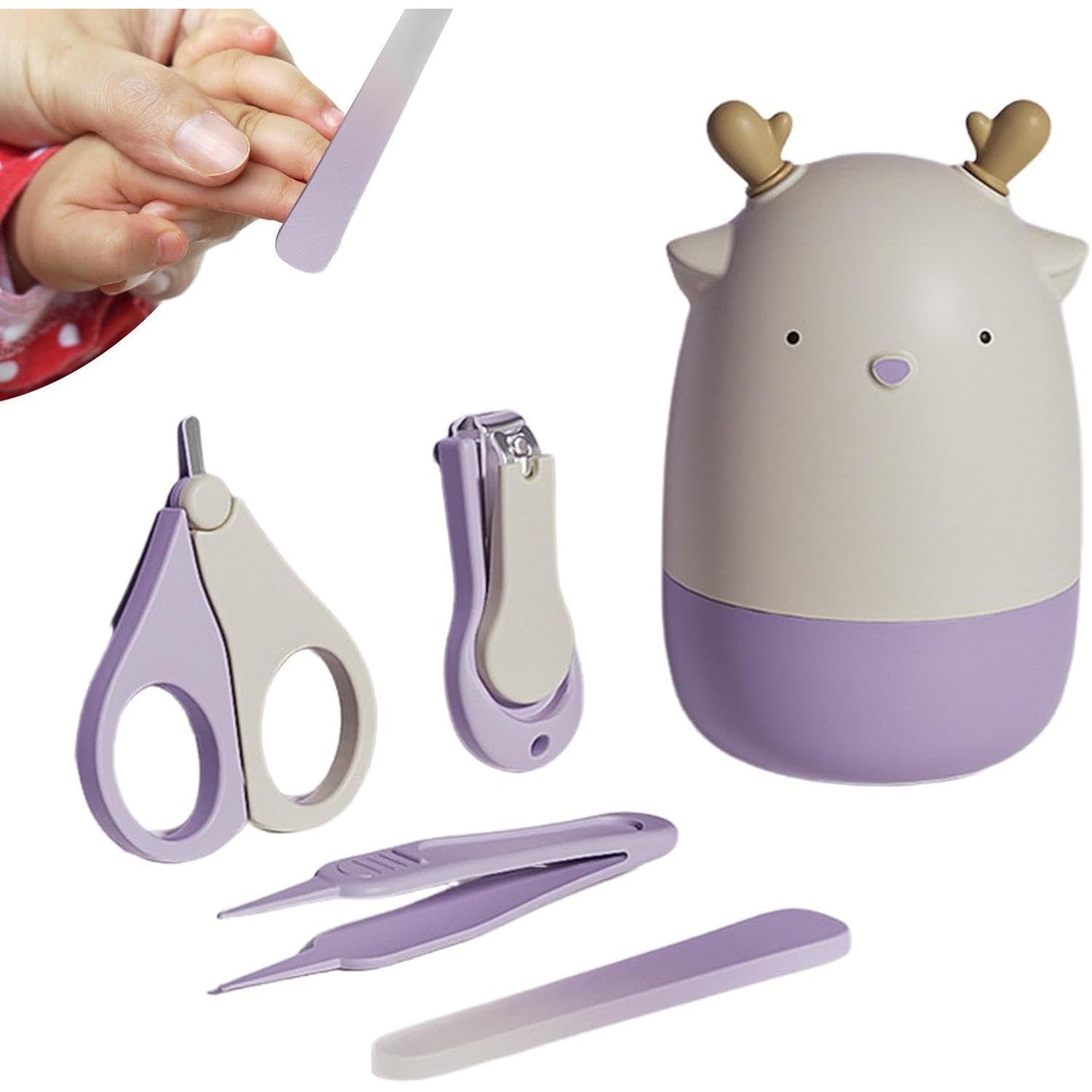 Set 4 în 1 de Îngrijire Unghii pentru Bebeluși, cu Cutie de Depozitare Tip Cerb, 0-6 Ani, 11 x 6 x 11 cm
