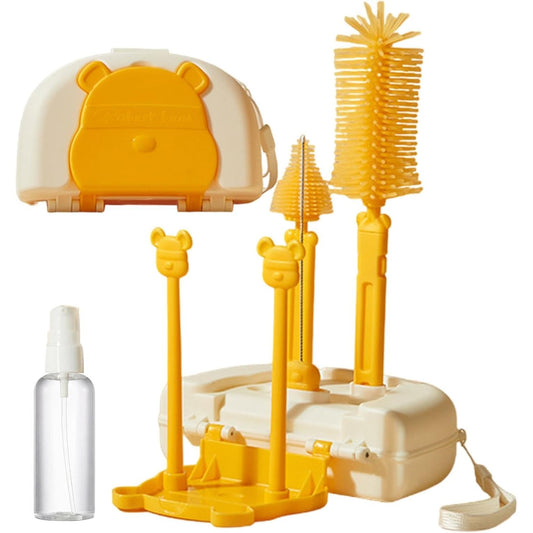 Set 7 Piese de Spălat/Uscat Biberoane, Portabil, Peri din Silicon, pentru Tetine, Suzete, Biberoane și Paie, Cutie Inclusă, 16 x 11 x 5 cm, Model Ursuleț-Galben