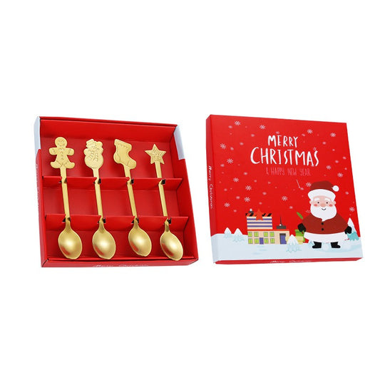 Set 4 Lingurițe, Tematică Crăciun, Modele Festive, Cutie Cadou, Auriu