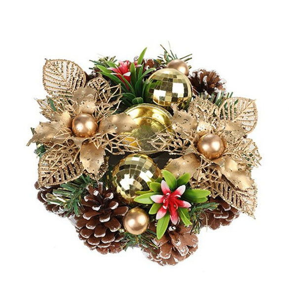 Suport pentru Lumanare de Craciun, Model Cupa cu 2 Globutele Aurii si 2 Flori cu Conuri