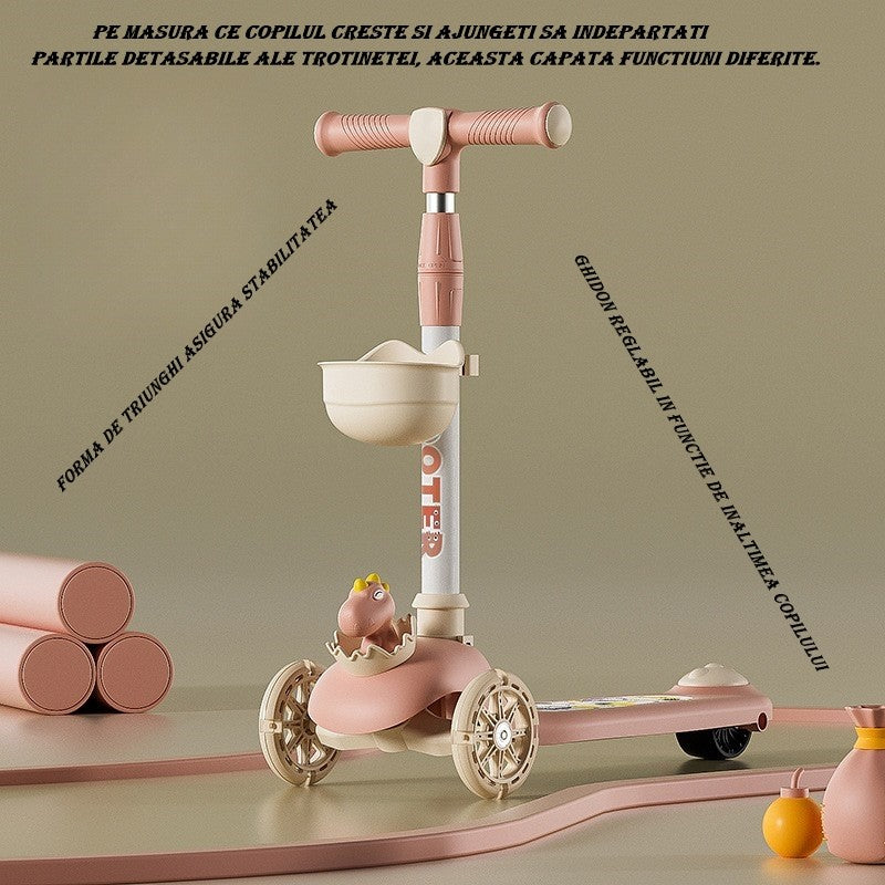 Trotineta Multifunctionala 3 in 1, pentru Copii, 1-7 Ani, cu Lumini si Muzica, Reglabil 360, Pliere Usoara, Reglarea Inaltimii, Model Dinozaur, Alb/Roz