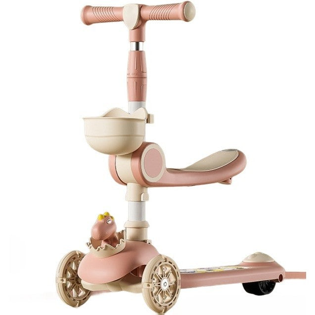 Trotineta Multifunctionala 3 in 1, pentru Copii, 1-7 Ani, cu Lumini si Muzica, Reglabil 360, Pliere Usoara, Reglarea Inaltimii, Model Dinozaur, Alb/Roz