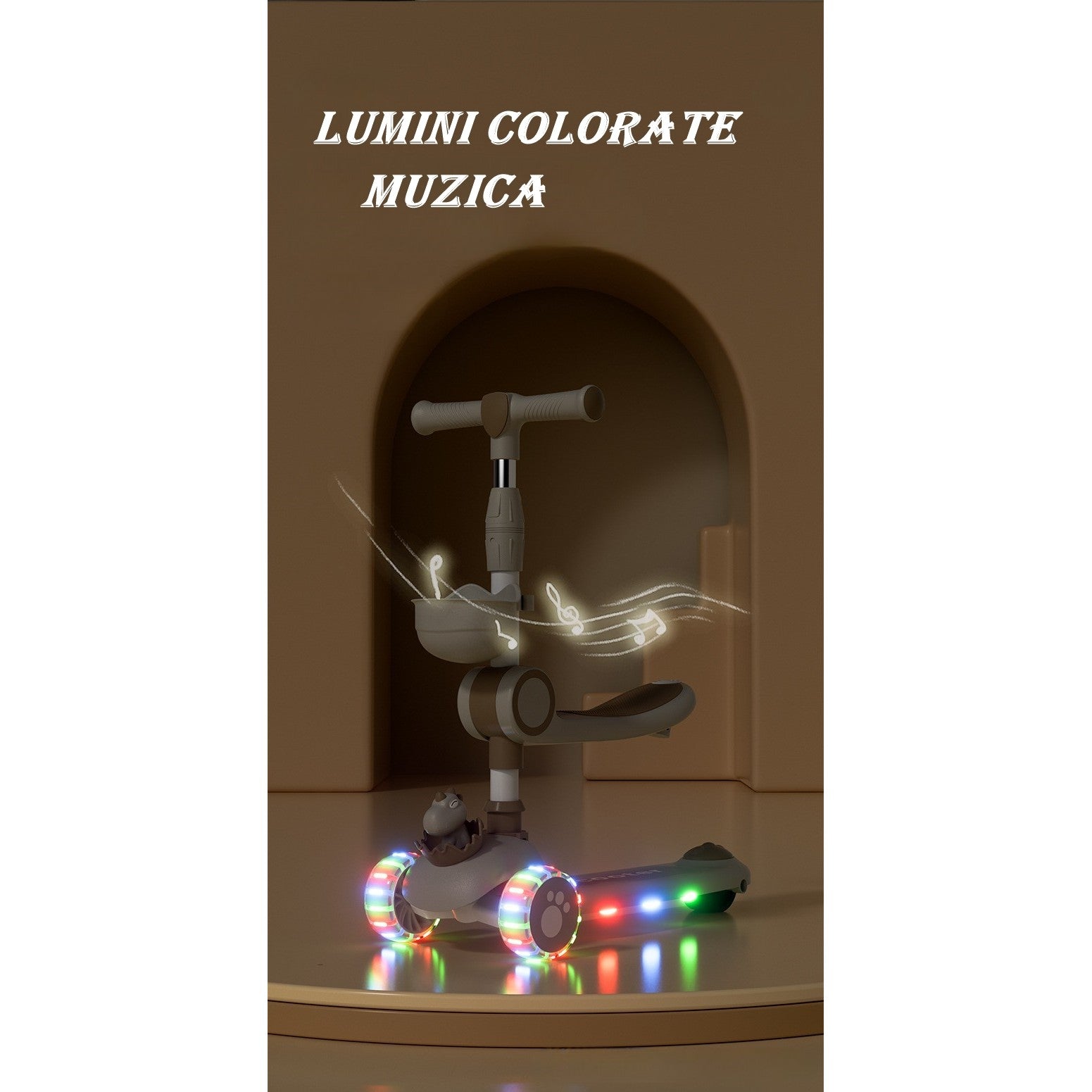 Trotineta Multifunctionala 3 in 1, pentru Copii, 1-7 Ani, cu Lumini si Muzica, Reglabil 360, Pliere Usoara, Reglarea Inaltimii, Model Dinozaur, Alb/Bej