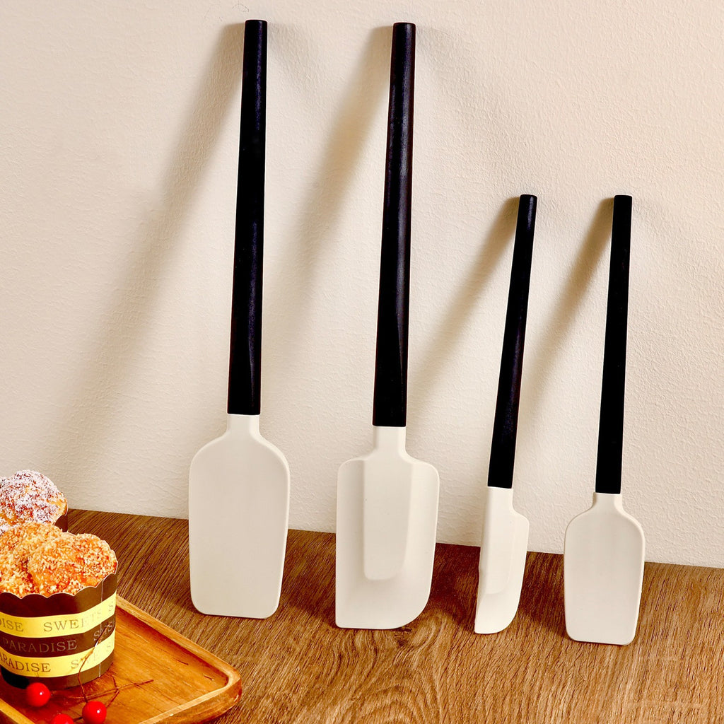 Ustensile de Bucatarie, Set din 4 bucati, din Silicon si Lemn, Spatule de Diferite Dimensiuni, Termo rezistente, Antiaderente, Instrument de Amestecat in Bucatarie