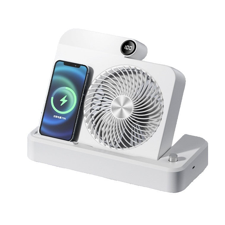 Ventilator Smart 2 în 1 MaisonElise – 100 Trepte de Viteză, Încărcare Wireless Telefon, Afișaj Digital, 2400 mAh, Ultra Silențios, USB-C, Bej, 25 x 16.5 x 24 cm