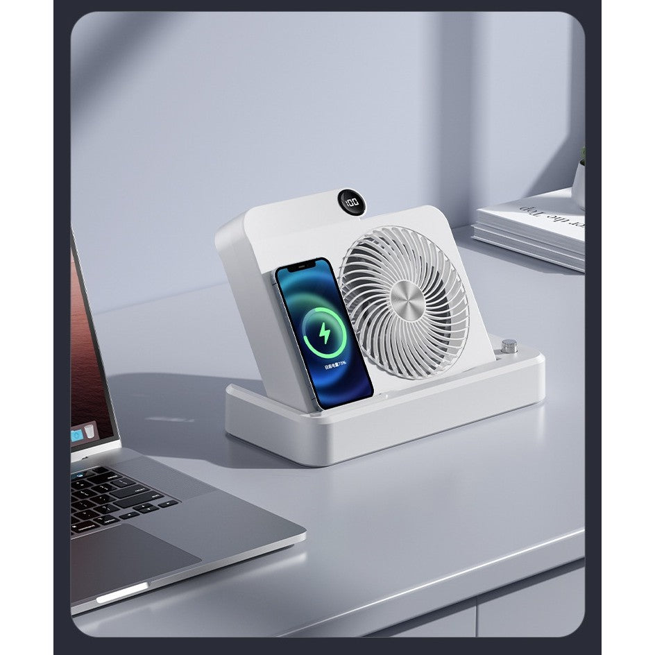 Ventilator Smart 2 în 1 MaisonElise – 100 Trepte de Viteză, Încărcare Wireless Telefon, Afișaj Digital, 2400 mAh, Ultra Silențios, USB-C, Bej, 25 x 16.5 x 24 cm